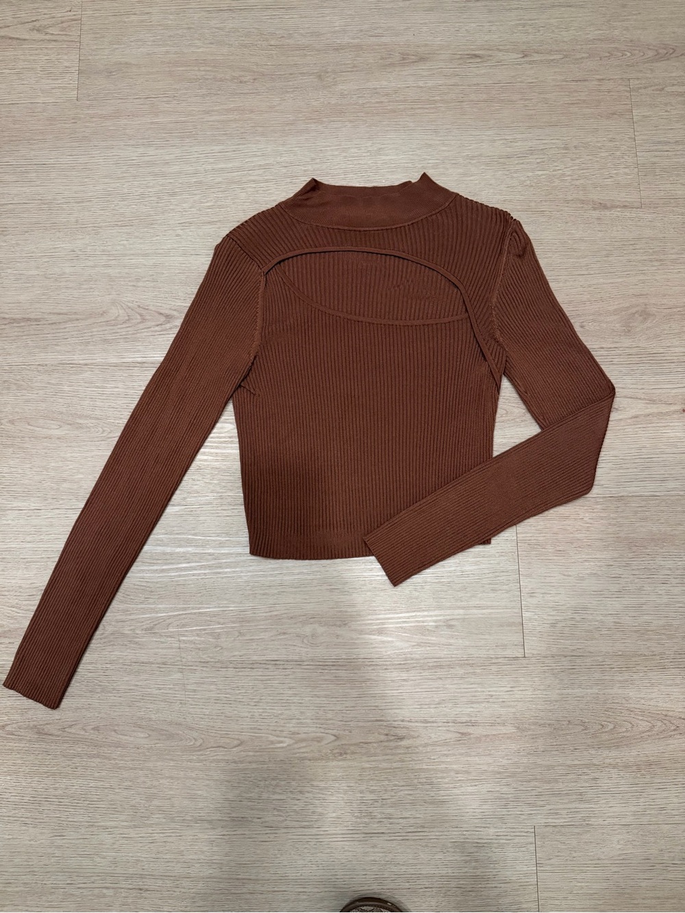 Babaton Ribbed Long-Sleeve Cutout Top in Brown
